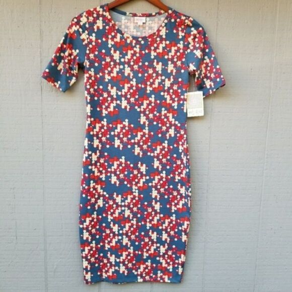 Lularoe NWT Julia XS Blue Red Cream Dot Print Geo - Picture 2 of 7